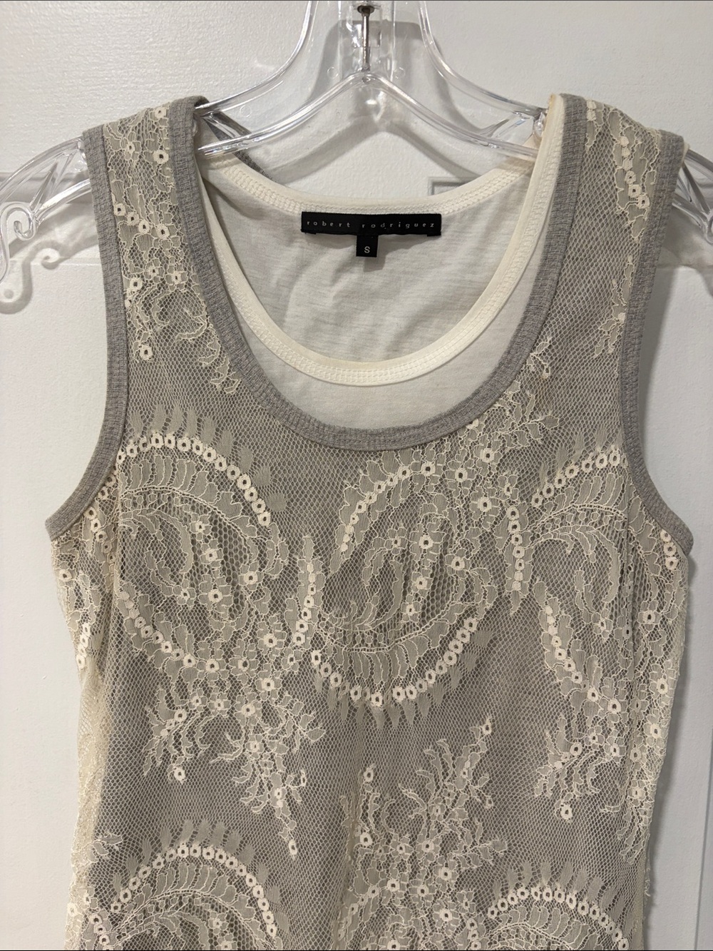 Robert Rodriguez Lace Overlay Tank Top in Cream and Gray